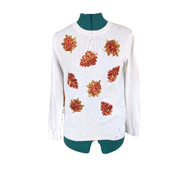 Vtg 80s Victoria Harbour White Crewneck Sweater Leaves Fall Sequin Studded Sz S - Picture 1 of 6